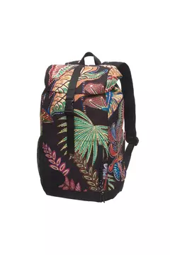 Mochila da marca Farm com estampa de folhagens coloridas sobre fundo preto.