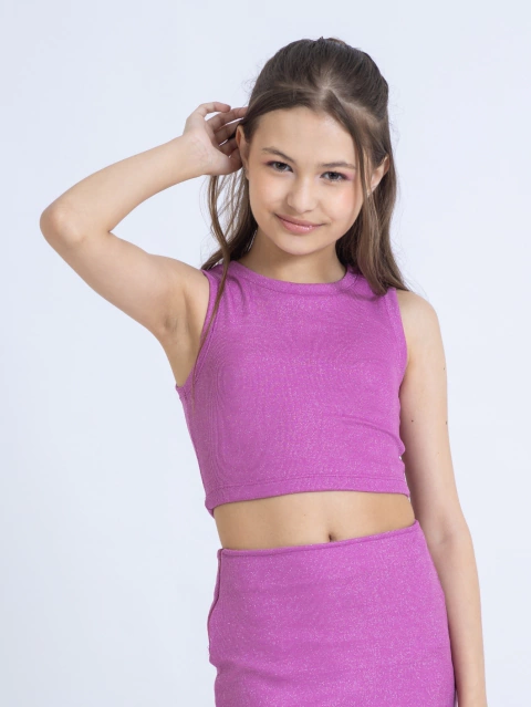 Blusa Cropped Regata Infantil de Brilho Rosa