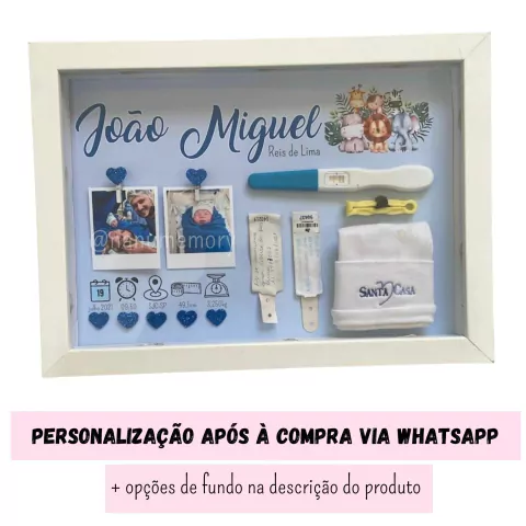 Quadro Eternização Lembranças Maternidade e objetos do bebê - Tema Safari azul - SEM LUZ (Pode alterar o tema)