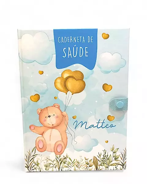 Caderneta de Saúde personalizada com o tema fofo de Ursinho segurando balões de coração.