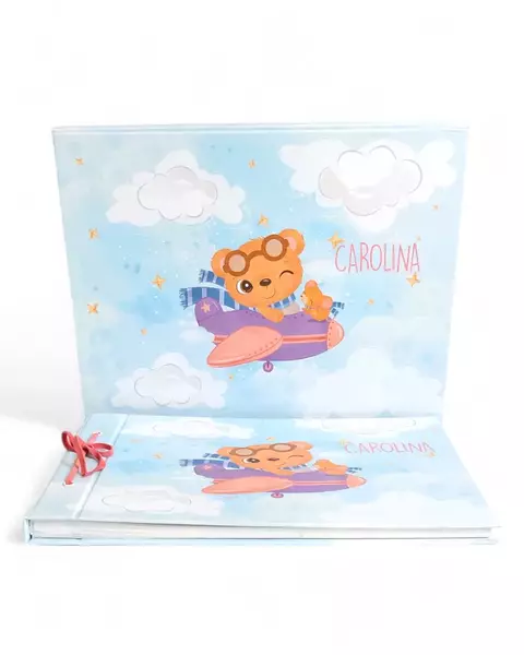 Álbum Luxo para Fotos com Caixa Ursinha Aviadora - (F Azul))