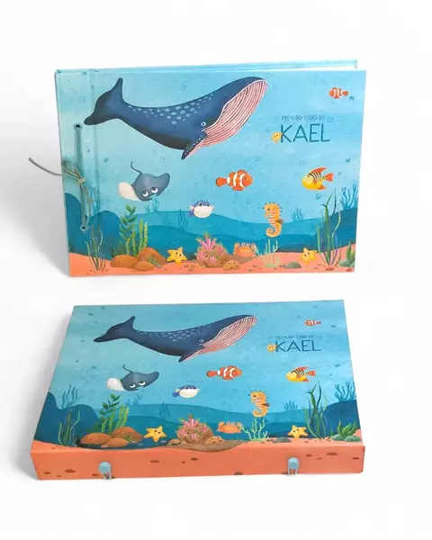 Kit de Livro do Bebê Lúdico com caixa, no tema Fundo do Mar com ilustrações em aquarela. 