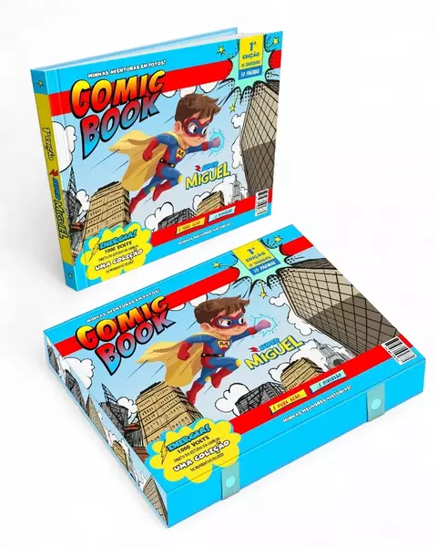 álbum de fotos e caixa com o tema "Comic Book". A capa mostra um super-herói menino, chamado "Super Miguel", voando sobre uma cidade. O fundo é branco.