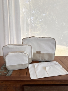 Kit Organizador de Mala com 3 necessaires e 3 malinhas Bege Dourado - Retecer - Artesanal e Sustentável, Cestos para organizar a casa toda, brinquedos lúdicos e presentes