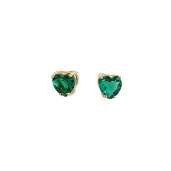 Brinco coração em prata 925 com banho de ouro 18k e zircônia verde