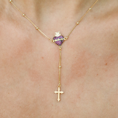 Colar Sagrado Coração de Jesus em prata 925 com banho de ouro 18k e zircônias rosas - Joalheria Exata