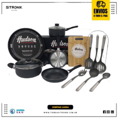 Bateria Hudson Teflon 4pz Con Pizzera Utensilios Tabla