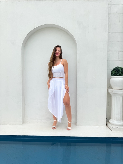 Calça feminina assimétrica de tule lótus branca