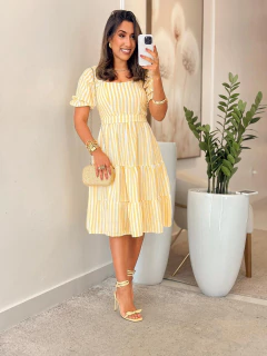 1006-Vestido linho / em listras manga princesa - Loja Boa Forma