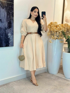 545- Vestido linho / bordado na manga - loja online