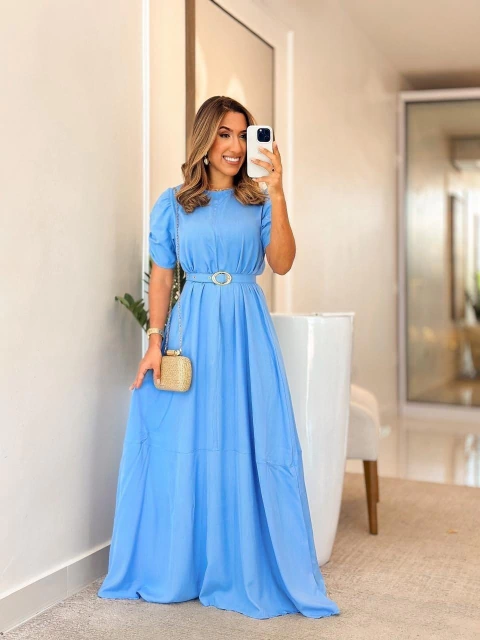 538 - Vestido Viscolinho pré lavado| manga princesa, Acompanha cinto - comprar online