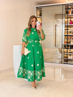 572 - Vestido Linho | Bordado lurex - Loja Boa Forma