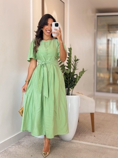 1022 - Vestido linho | detalhe botões, acompanha faixa - Loja Boa Forma