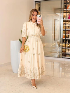 572 - Vestido Linho | Bordado lurex - Loja Boa Forma