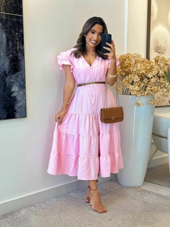 605-vestido linho / dois babado detalhe botões - comprar online