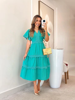 968 - Vestido linho | detalhes em guipir - comprar online