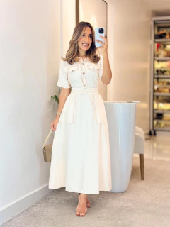 1065 - Vestido Linho Marrant | Evasê Botões na internet