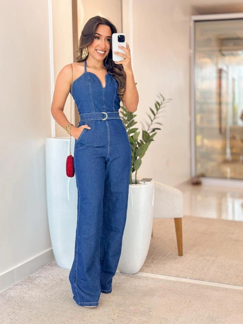 310 - Macacão Jeans | Amarração - comprar online