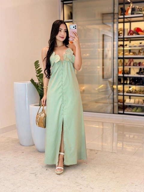 543 - Vestido linho | flor no busto, costas nua - comprar online