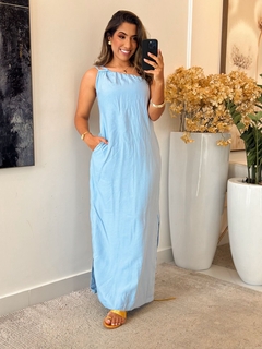 552 - Vestido linho marrant | uma alça só com bolso faca