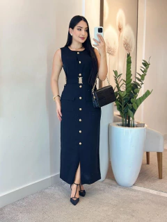 577 - Vestido linho marrant | detalhe em botões, acompanha cinto - loja online