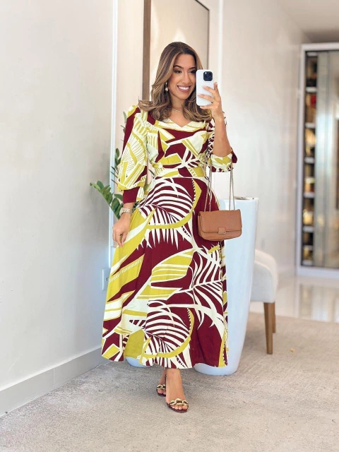 960 - Vestido Viscolinho | Manga longa gola V - comprar online