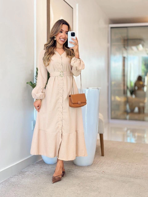 1079 - Vestido Linho | Manga Longa - comprar online