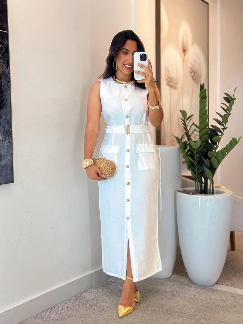 413 - Vestido linho | Acompanhar Cinto - comprar online
