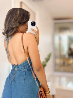 195 - Macaquinho jeans sem lycra | laço na internet