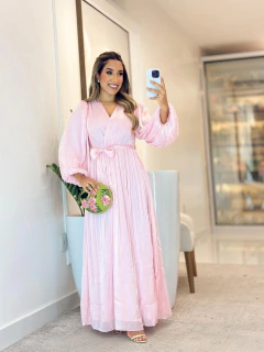Imagem do 556 - Vestido chiffon acetinado plissado | manga longa