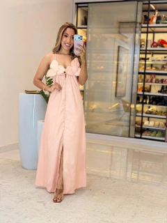 543 - Vestido linho | flor no busto, costas nua - Loja Boa Forma