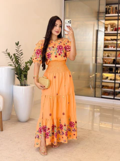 815 - Vestido linho | bordado, elastec na cintura - comprar online