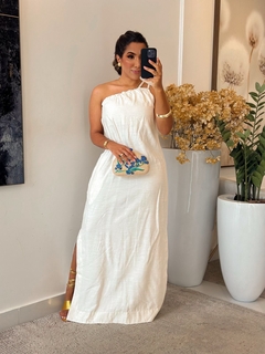 552 - Vestido linho marrant | uma alça só com bolso faca na internet