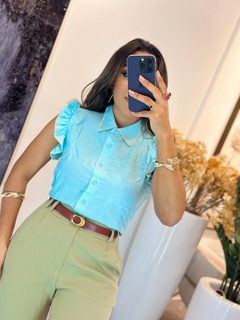 589 - Blusa linho | detalhe na gola manga macramé - Loja Boa Forma