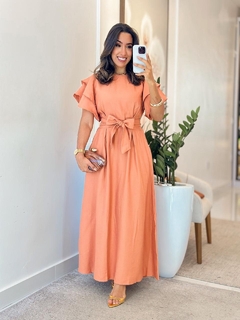 Imagem do 1000 - Vestido linho marrant | manga babado, acompanha cinto