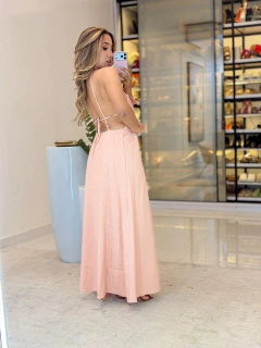 543 - Vestido linho | flor no busto, costas nua - loja online