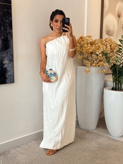 552 - Vestido linho marrant | uma alça só com bolso faca - Loja Boa Forma
