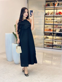 553 - Vestido linho | detalhe em flor - loja online