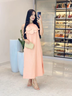 553 - Vestido linho | detalhe em flor - loja online