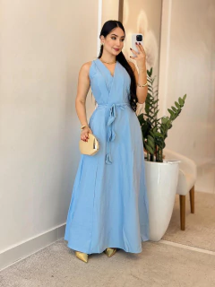 990- vestido linho Marrant/ decote cruzado acompanha faixa - loja online