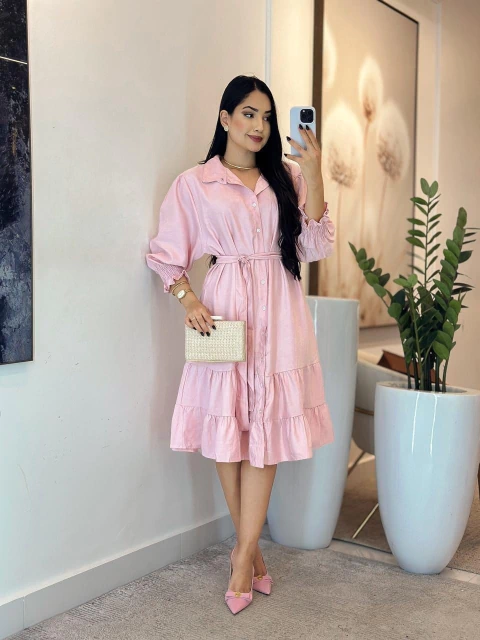 945 - Vestido linho | Elástico na manga - comprar online