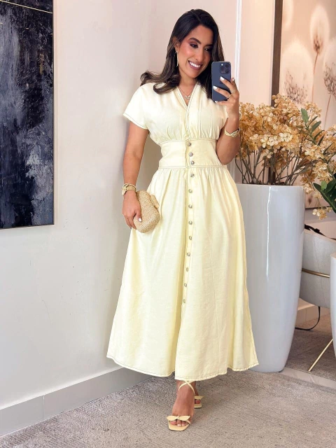 517 - Vestido linho | detalhe em botões - comprar online