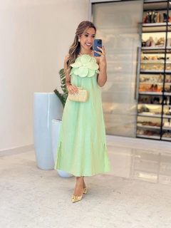 553 - Vestido linho | detalhe em flor