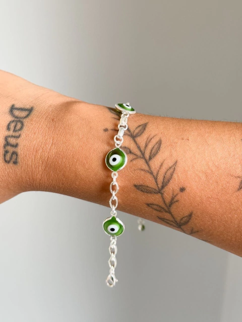 Pulseira Corrente com Olhos Gregos Resinados Verdes