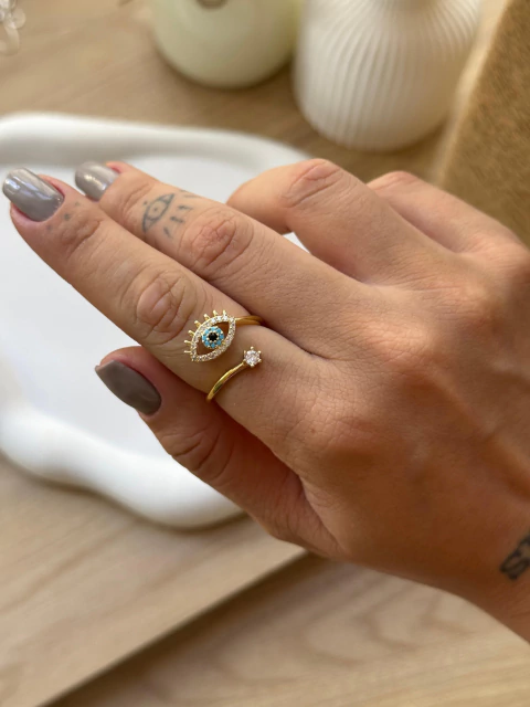 Anel regulável Olho Grego Cravejado e Ponto de Luz no banho de ouro - comprar online