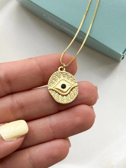 Colar Medalha Boho Olho Grego no Banho de Ouro - comprar online