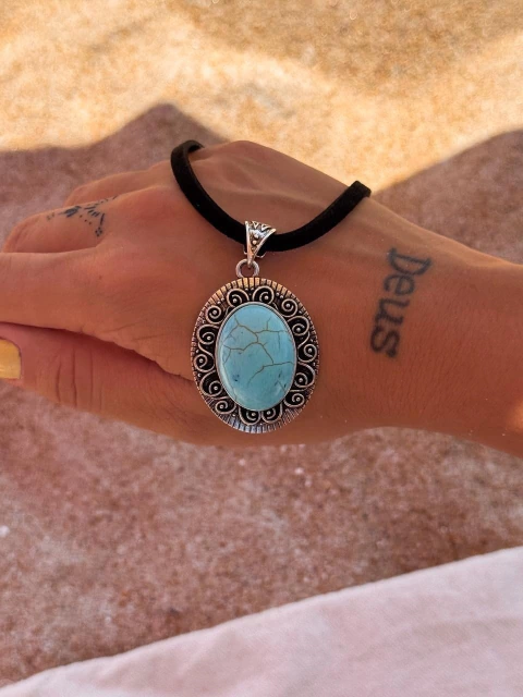 Choker Boho Pedraria Turquesa na Cordinha - comprar online