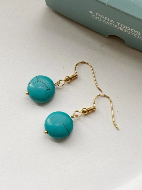 Brinco Gancho Pedra Turquesa no Banho de Ouro - comprar online