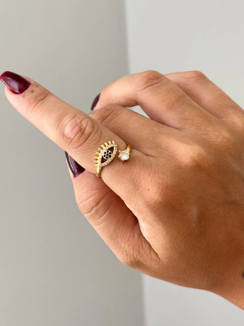 Anel Regulável Olho Grego Cravejado com Ponto de Luz no Banho de Ouro