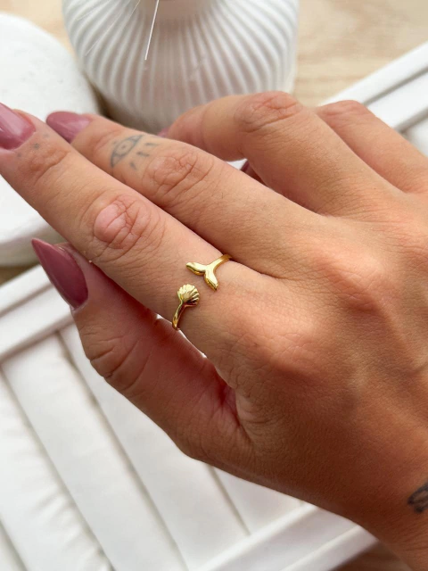 Anel Regulável Concha e Rabo de Sereia Banho de Ouro - comprar online